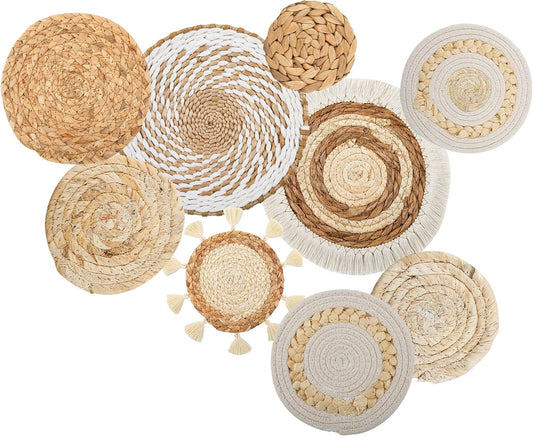 Boho Wall Basket Decor Set of 9, Woven Hanging Wall Decor Seagrass Rattan Wicker Round Handmade Rustic Flat Elegant Wall Art for Farmhouse Living Rooms Bedrooms Display Table Settings Kitchen Home