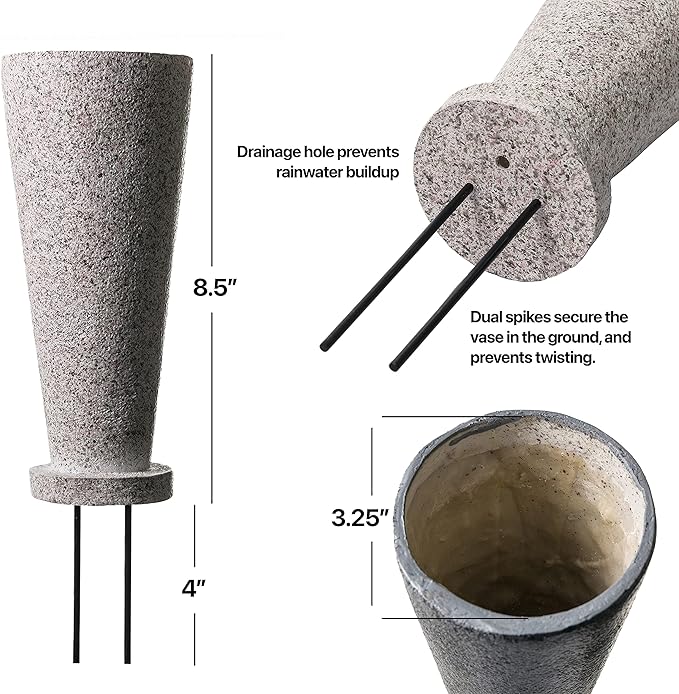 Cemetery Vase with Stakes-Plastic Flower Vases with 2 Ground Spikes, Draining Holes - for Garden, Lawn, Yard - Memorial Grave Decorations 12.7x3.4.x3.9, Black Granite Design