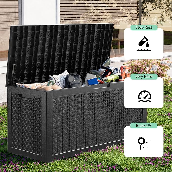 100 Gallon Resin Deck Box, Lockable Outdoor Storage Box for Patio Cushions Storage Furniture,Garden Tools, Pool Supplies, Weatherproof and UV Resistant（Black L）