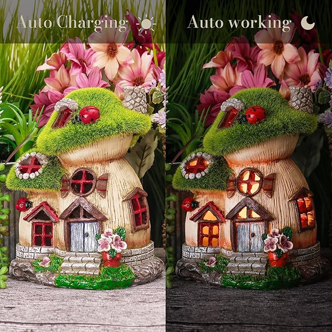 TERESA'S COLLECTIONS Mushroom Garden Statues with Outdoor Solar Light, Green Flocked Christmas Decorations for Home, Resin Fairy House Accessories Outdoor Decor Yard Thanksgiving Gifts for Mom, 7.7“