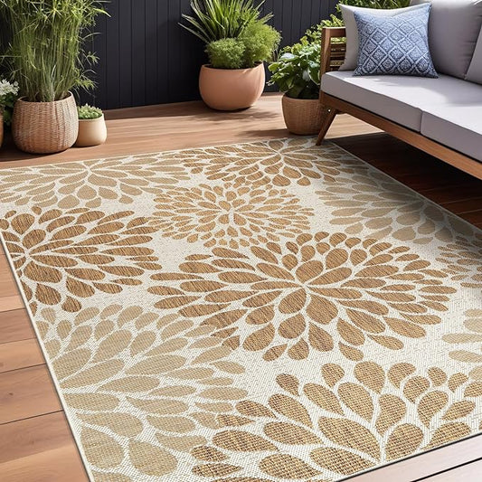 Beverly Rug Outdoor Rug 9x12 Modern Exotic Tropical Leaf Area Rugs for Indoor and Outdoor Patio Deck Porch Garden Water Resistant Washable Outside Carpet (9 x 12 Beige)