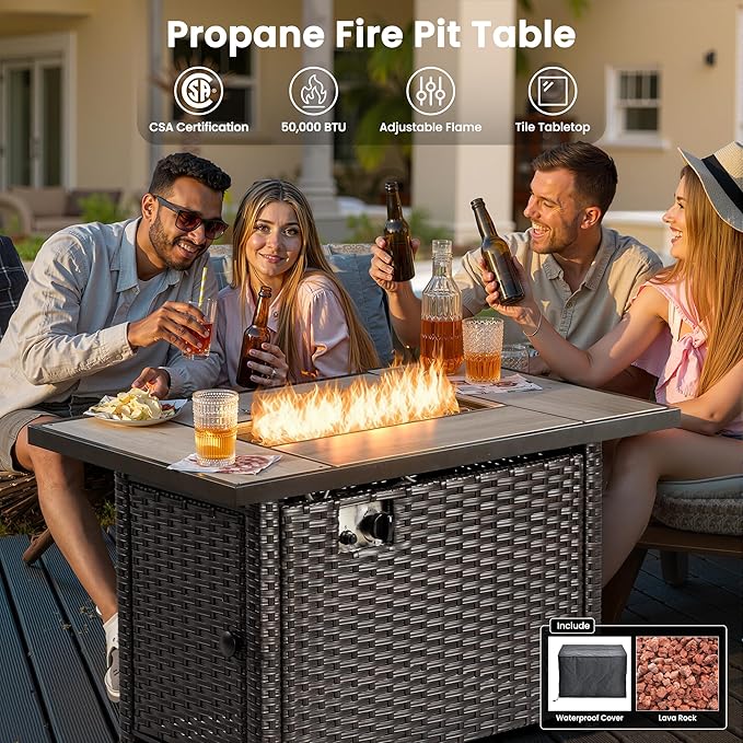 ovios 6 Pieces Patio Furniture Set with 42" Fire Pit Table, Outdoor Wicker Sofa with Ottomans, Comfy Cushions, High Back Couch Conversation Set, Brown Rattan, Navy Blue