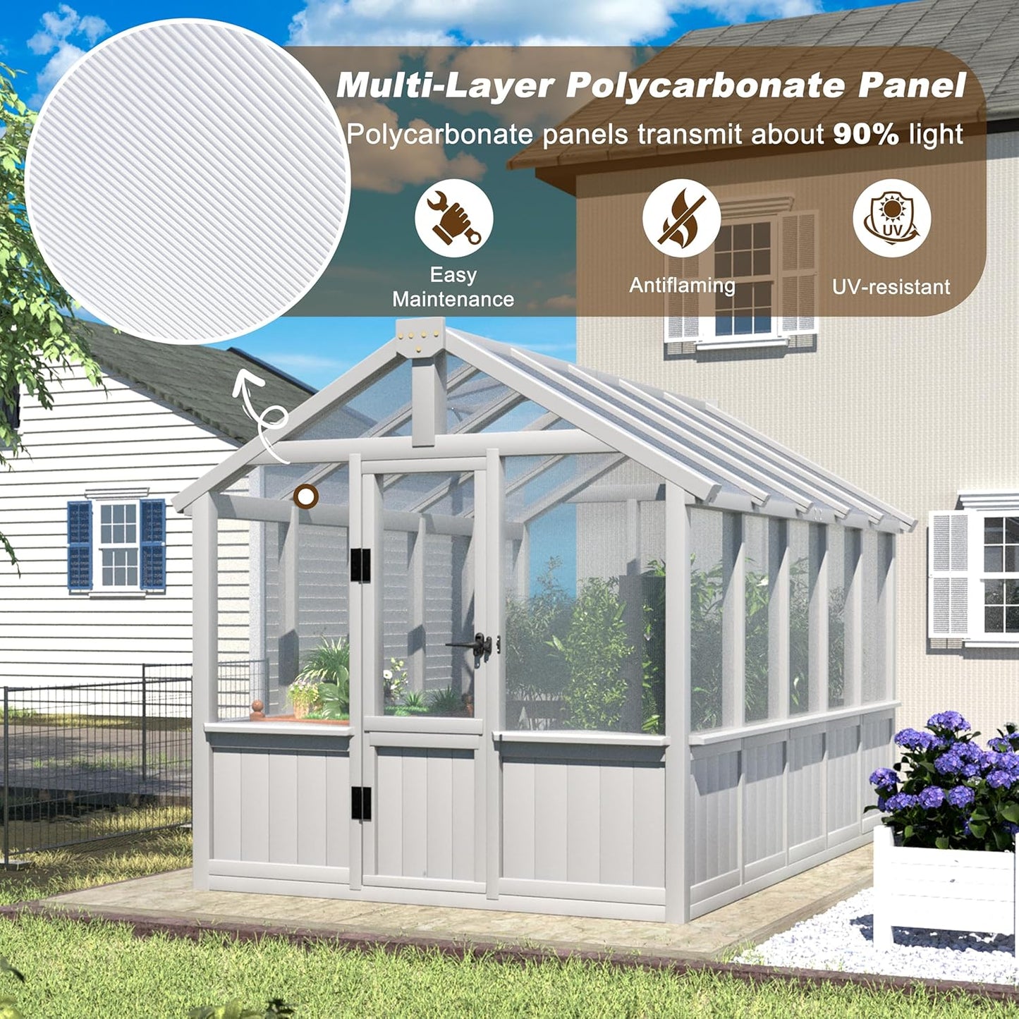 6x10 FT Green House for Outdoor, Thicken Polycarbonate Panel Wooden Walk-in Greenhouse Kit with Lockable Door and Adjustable Roof Vent, Backyard Garden, White