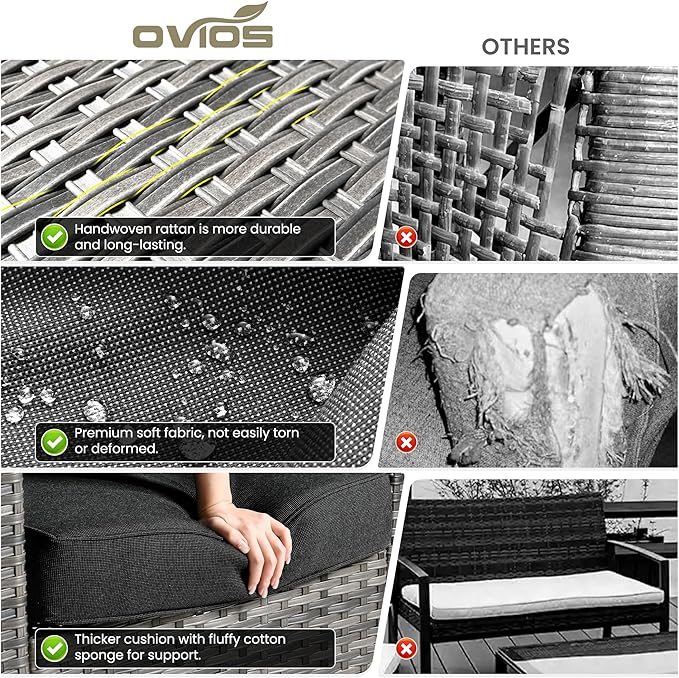 ovios 8 Pieces Patio Furniture Set with 54" Fire Pit Table, Outdoor Wicker Sofa with Comfy Cushions, All Weather High Back Rattan Couch Conversation Set, Black