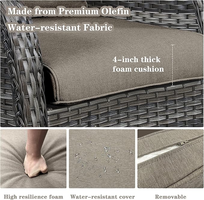 5 Piece Outdoor Patio Furniture Set - Outdoor Conversation Couch and Loveseat Glider Chair Furniture Set with Rattan Coffee Table for Deck Balcony Poolside Gray Wicker/Grey Cushions