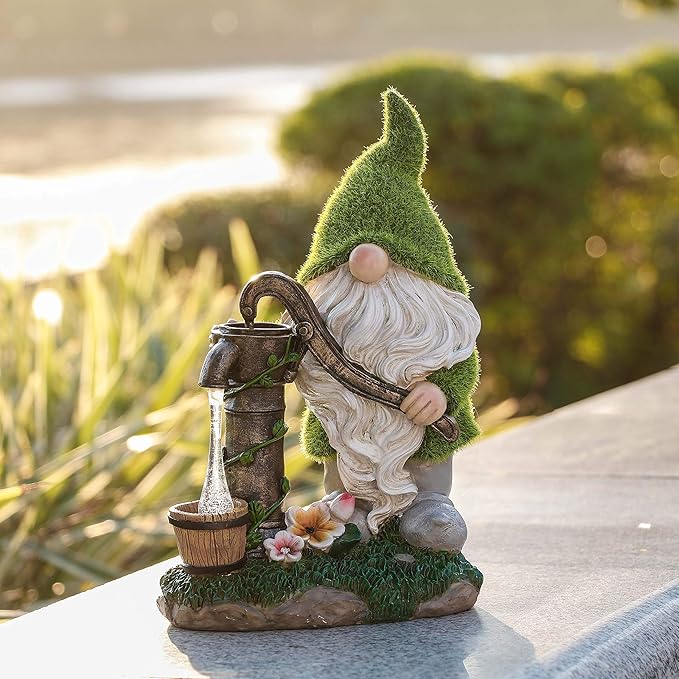TERESA'S COLLECTIONS Resin Garden Gnomes Decor with Solar Lights, Green Outdoor Decorations for Porch Patio, Gifts for Women and Men，Outdoor Garden Decor Ornaments for Outside, 10"