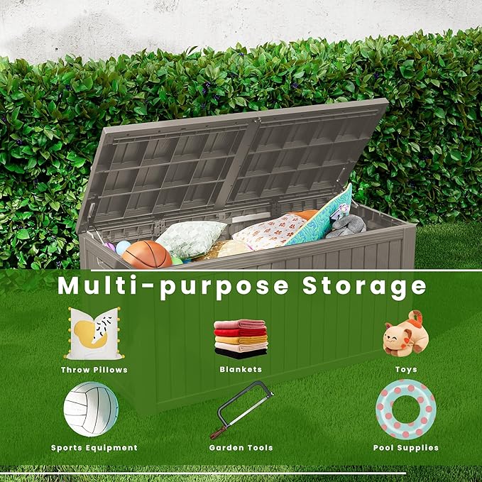 200 Gallon Outdoor Storage Bench Waterproof - Resin Deck Storage Chest for Patio & Pool, Lockable Outdoor Storage Box for Cushions & Tools, UV-Resistant, Granite Grey