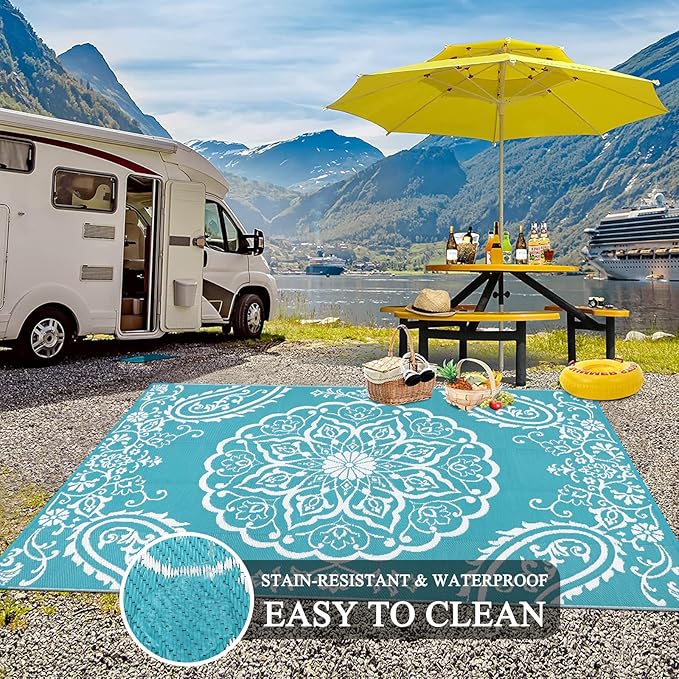 Pauwer Waterproof Outdoor Rug 8x10, Reversible Plastic Straw Patio Camping Rug, Indoor Outdoor RV Mat Carpet for Deck, Camper, Porch, Balcony, Backyard, Picnic, Boho Teal