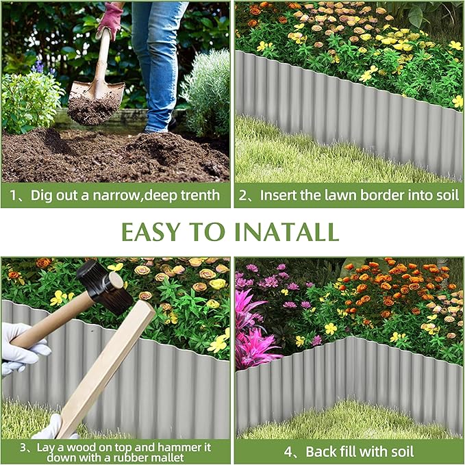 Metal Garden Edging Border, Corrugated Steel Landscaping, DIY for Lawn (Silver, 6 Inch x 10FT)