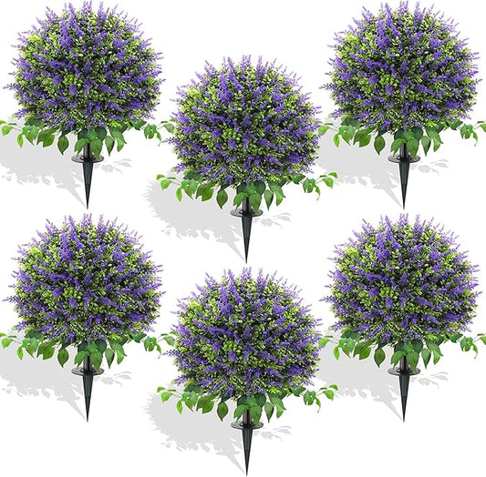 28" Artificial Boxwood Topiary Ball with Lavender, UV Resistant Topiary Tree Faux Boxwood Ball Shaped Porch Bushes with Ground Spike Artificial Bushes for Outdoors Front Door Decor Home Garden