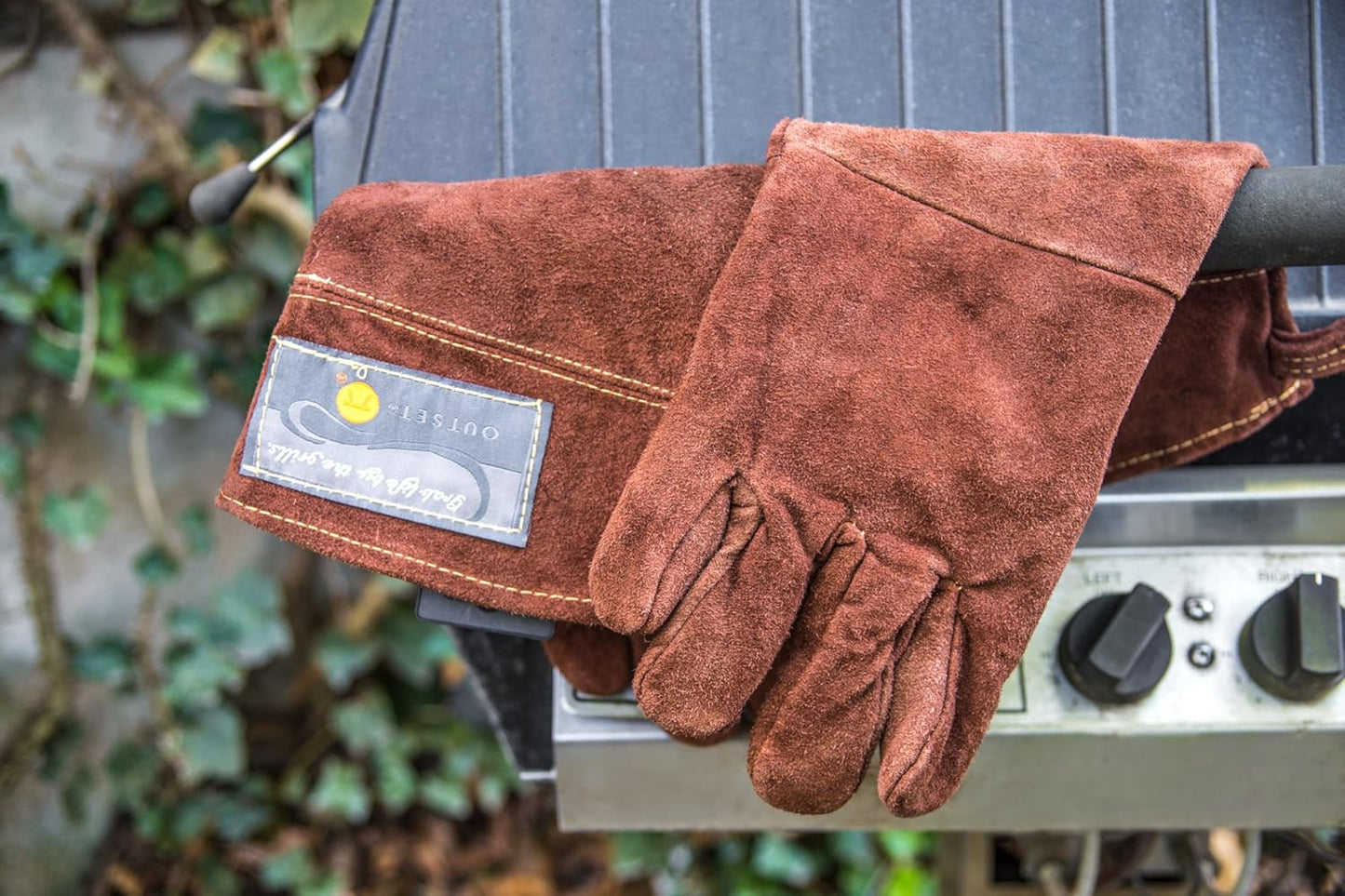 Outset Leather Grill Gloves, Set of 2 Brown Leather BBQ Gloves