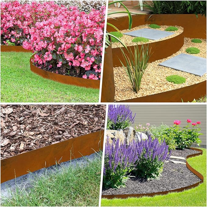 Co rten Steel Landscape Edging 12 Inch Tall 6 Packs, Pre-Rusted Metal Garden Edging, Hammer in Landscape Edging with 6 Clips and a Pair of Gloves, Steel Edging for Landscaping, Lawn Rusty