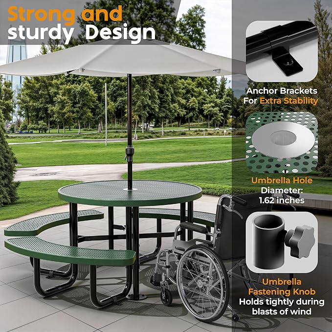 Metal Picnic Tables for Outdoors with Umbrella Hole - Coated Steel Heavy Duty Commercial Grade Table with Adjustable Seats (Green, 46 in, Round, Punched Steel)