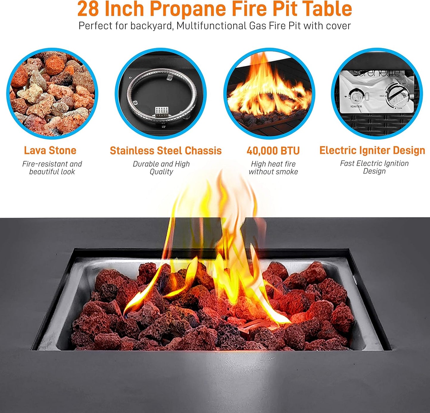 SereneLife 28" Propane Gas Fire Pit Table - 40,000 BTU Outdoor Fireplace with Cover, Stainless Steel Burner & Control Panel, Adjustable Flame, Weather Resistant, Easy Assembly, Outdoor Décor