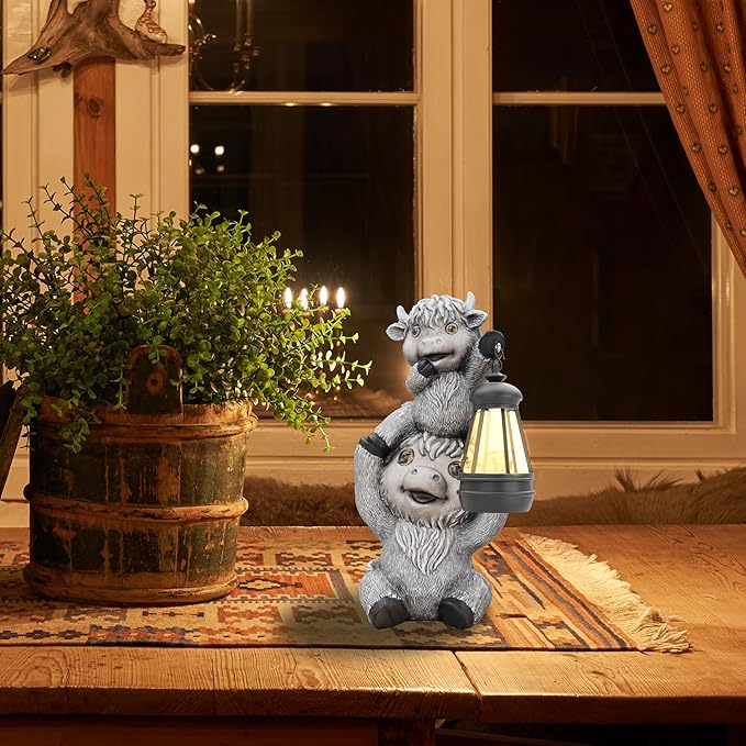 Highland Cow Statues with Solar Lights, Highland Cow Resin Figurine Lights, Highland Cow Ornaments for Patio, Balcony, Indoor Decoration and as Gifts