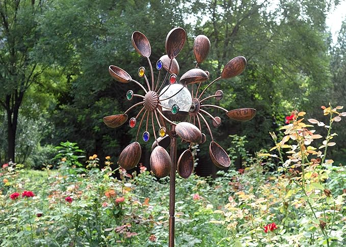 SteadyDoggie 75-Inch Wind Spinners Jewel Cup - Solar-Powered with Multi-Color LED Glass Ball - Metal Kinetic Windmill for Dual Wind Direction - Easy to Assemble Garden and Outdoor Yard Decorations