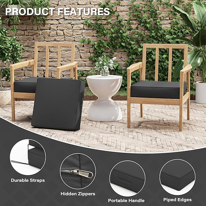 Patio Chair Cushions 19 X 19 X 4 Inch Waterproof Outdoor Seat Cushions for Patio Furniture, Outdoor Sofa Couch Pads with Ties & Handle, Set of 2, Grey