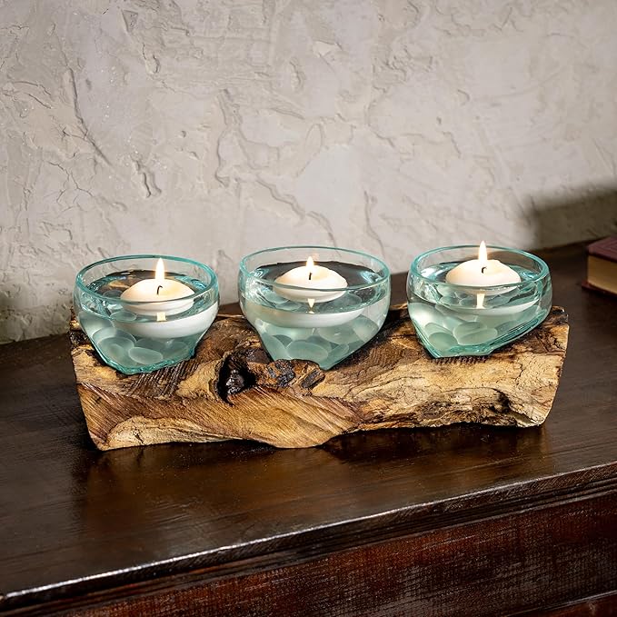 Cape Craftsmen Set of 3 Terrariums | Hand-Blown Blue Tinted Bubble Glasses On Natural Teak Driftwood Terrarium | Home Décor Indoor Planter with Stand | Glass Clear Pots for Succulent and Plants