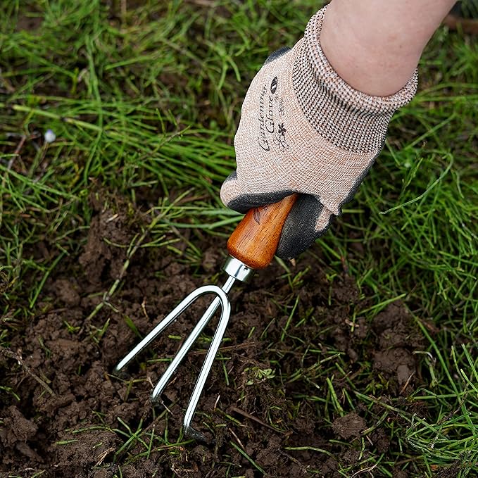 Hand Cultivator Garden Tool Heavy Duty Japanese Steel with Wood Handle, Manual Small Hand Rake Soil Tiller for Weeding, Digging, Cultivating, 3 Claws, Made in Japan, Silver