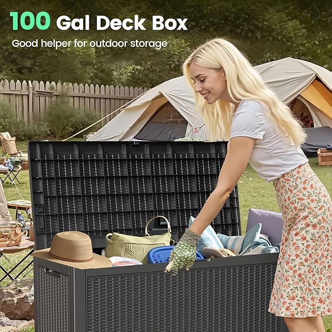 100 Gallon Storage Box, Waterproof Resin Deck Box with Hydraulic Piston Design, Lockable Storage Bench for Package Delivery, Storage Bin for Patio Cushions, Garden Tools, Black
