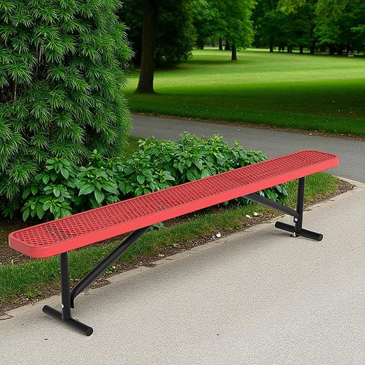 48" L Outdoor Steel Flat Bench, Heavy Duty Metal Park Bench for Outside, Expanded Metal, Commercial Benches Mesh Bench for Shopping Mall, Store, Lawn, Park, Patio, Deck, Garden (Red, 8FT)