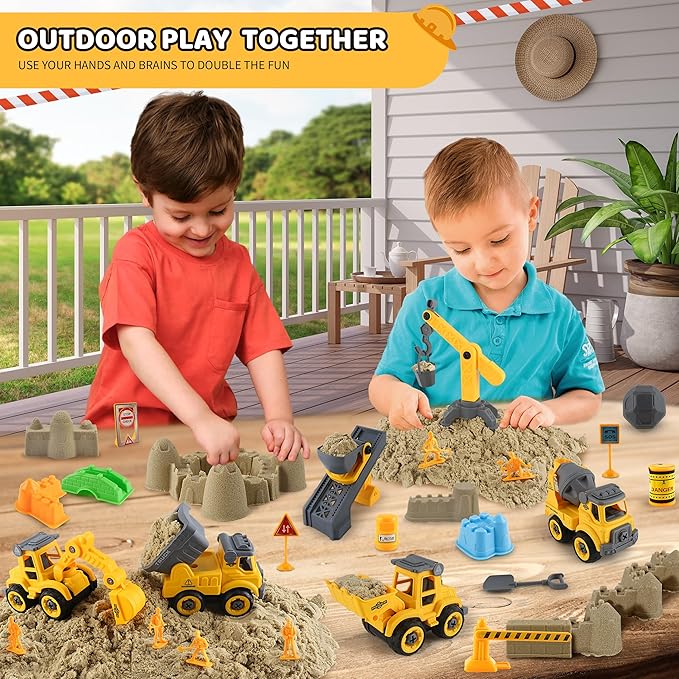 Asoxt 43-Piece Construction Sensory Playset – 2 lbs Play Sand, 4 DIY Trucks, Crane & Road Signs – Creative Sandbox Toy for Kids Ages 3+