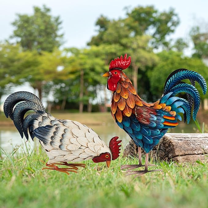 Shorayn Metal Rooster Statues, Outdoor Garden Statues, Metal Chicken Decor, Garden Sculptures & Statues, Chicken Ornaments Yard Art for Backyard Patio Lawn Decorations, Set of 2