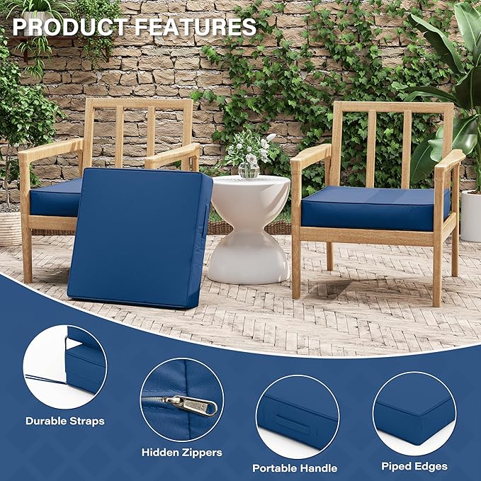 Patio Chair Cushions 22 X 22 X 4 Inch Waterproof Outdoor Seat Cushions for Patio Furniture, Outdoor Sofa Couch Pads with Ties & Handle, Set of 2, Blue