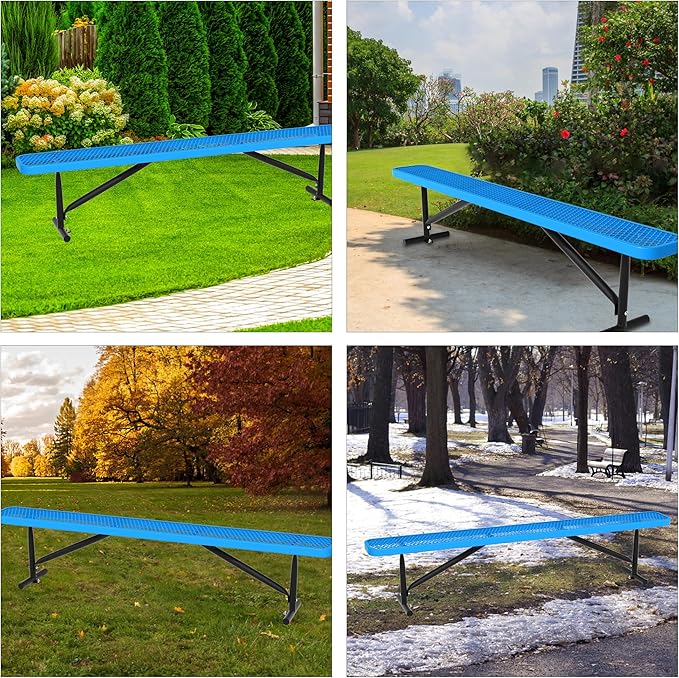 96" L Outdoor Metal Benches, Heavy Duty Garden Park Bench for Outside, Expanded Metal, Commercial Benches Mesh Bench for Shopping Mall, Store, Lawn, Park, Patio, Deck, Garden (Blue, 8FT)