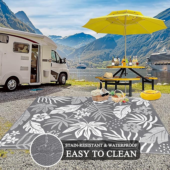 Pauwer Waterproof Outdoor Rug 8x10, Reversible Plastic Straw Patio Camping Rug, Indoor Outdoor RV Mat Carpet for Deck, Camper, Porch, Balcony, Backyard, Picnic, Floral Grey
