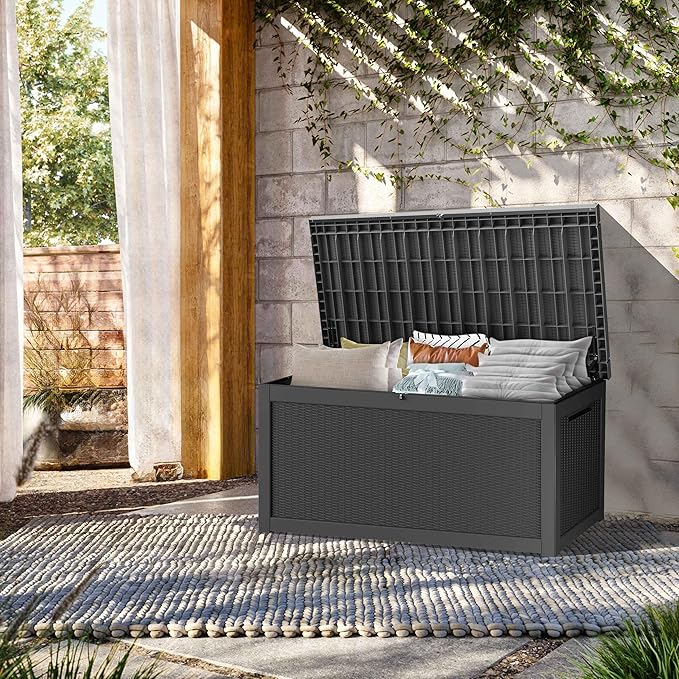 320 Gallon Lockable Resin Deck Box, Waterproof & UV-Resistant Outdoor Storage Box for Outdoor Cushion Storage, Garden Tools & Pool Accessories Storage, Black