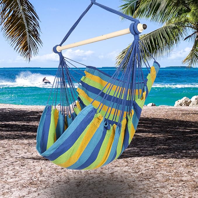 Highwild Hammock Chair Hanging Rope Swing - Max 500 Lbs - Steel Spreader Bar with Anti-Slip Rings - for Any Indoor or Outdoor Spaces (Blue Striped)