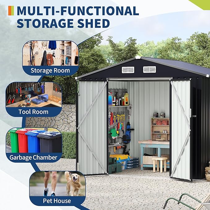 8x10 FT Metal Storage Sheds Outdoor, Metal Yard Sheds MetalGarden Shed Kit, MetalTool Shed with Lockable Door, Utility Buildings with Air Vent for Backyard Garden Patio Lawn