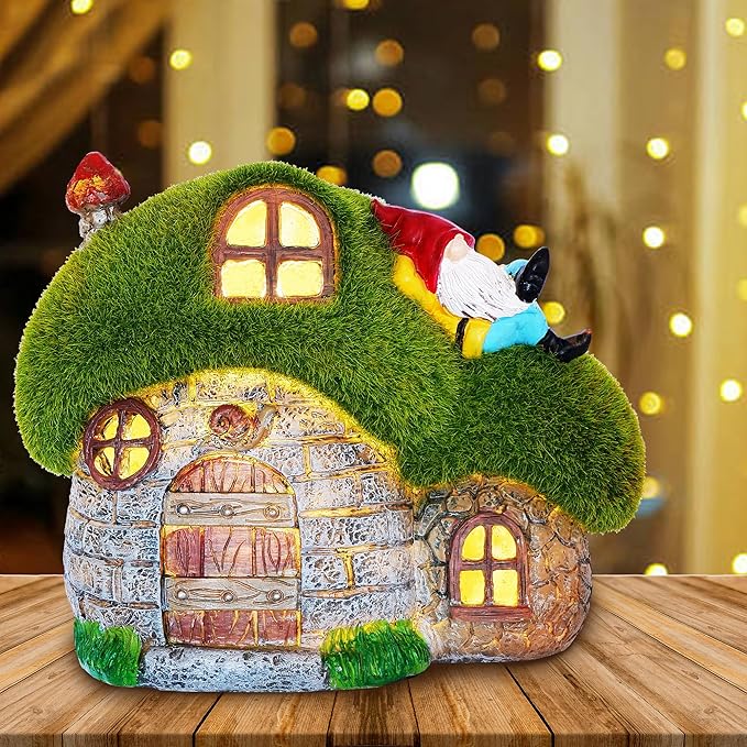 ILLUMINEW House Garden Statues with Solar Lights, LED Cute Flocked Fairy House with Gnomes Garden Figurine, Outdoor Patio Yard Lawn Decorations Gift