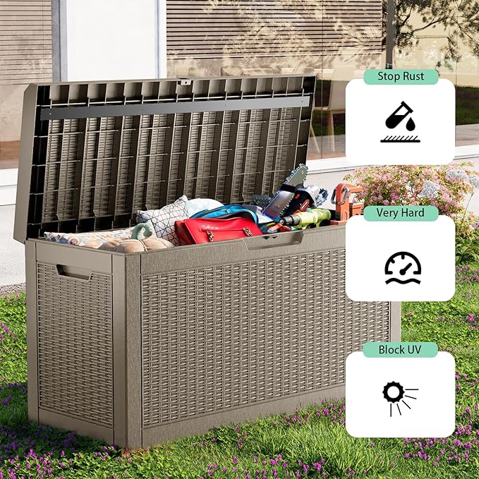 DRATO 60 Gallon Deck Box, Waterproof Resin Large Outdoor Storgae Box for Patio Furniture, Patio Cushions, Gardening Tools, Pool and Sports Supplies, Lockable