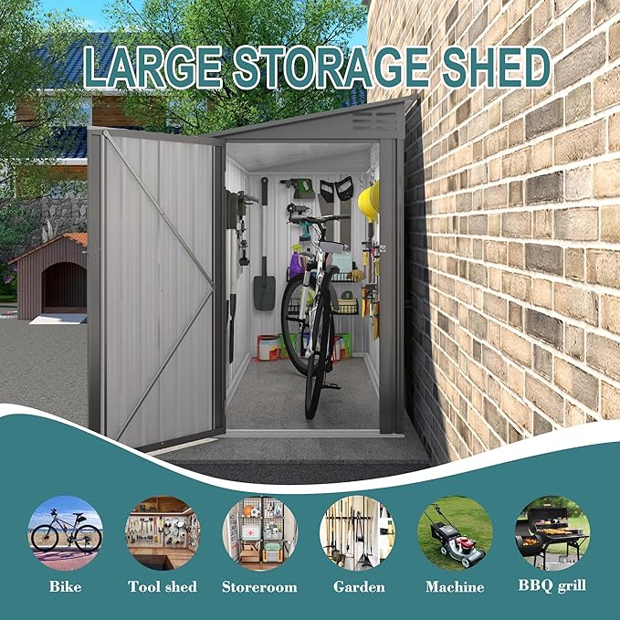 4 * 9.2 FT Outdoor Storage Shed, Galvanized Steel Garden Shed with Lockable Door & Window, Waterproof Metal Tool Storage for Garden, Backyard, Patio, Lawn(Gray)