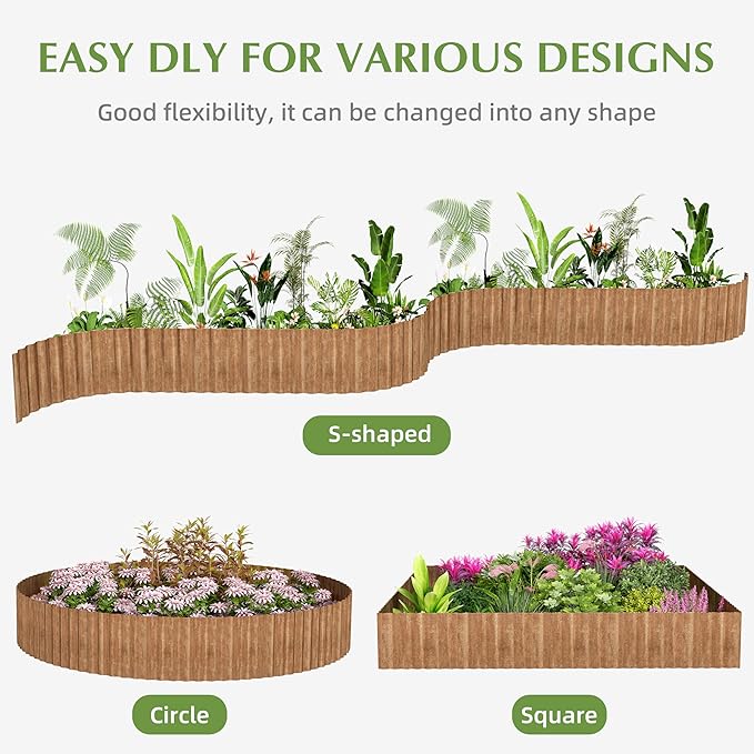 Metal Garden Edging Border, Corrugated Steel Landscaping, DIY for Lawn (Rusty, 6 Inch x 10FT)