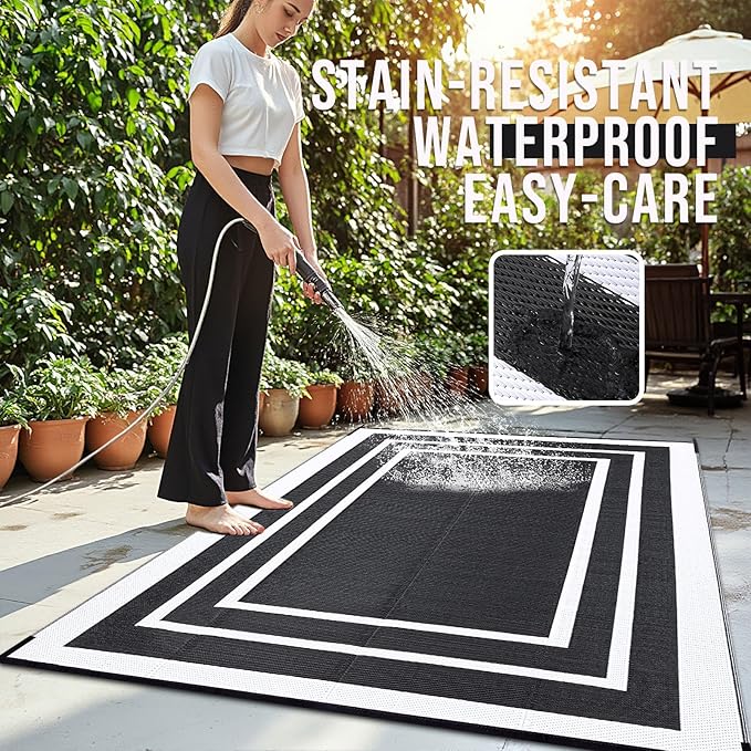 OLANLY Outdoor Rug 6x9 ft Waterproof, Reversible Outdoor Plastic Straw Rug, RV Mat, Indoor Outdoor Carpet Clearance for Patio, Camping, Balcony, Deck, Backyard, Black & White