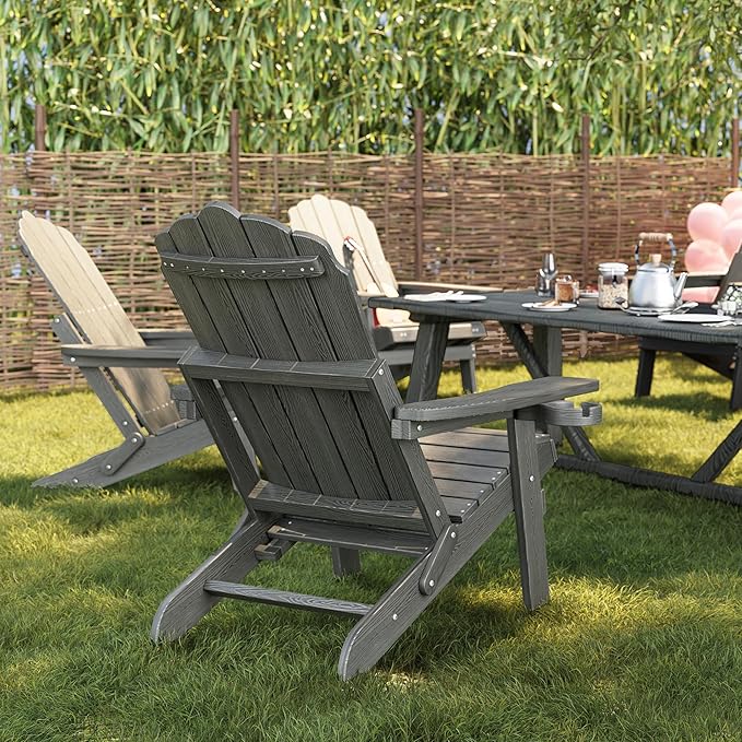 Folding Adirondack Chair Set of 2 with Adjustable Backrest, Adirondack Chair with Ottoman with 2 Cup Holders, for Outdoor Beach Garden Porch Lawn Pool Deck, Grey