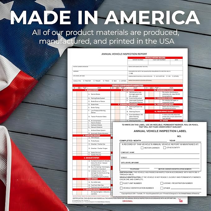 5 Pack 3-Ply Carbonless Annual Vehicle Inspection Report Forms with FMCSA 2-Ply Mylar Laminate Adhesive Vinyl Labels, DOT Inspection Forms and Stickers, Shrink-Wrapped, 8.5" x 11.75" - Made in USA