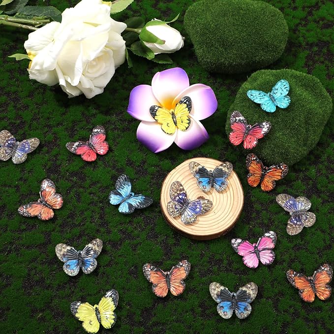 80pcs Micro Resin Butterflies, 1.6Inch Colourful Miniature Tiny Butterflies Crafts Mini Resin Butterflies for Decoration Doll House Decor Dream Garden Fairy Toys Landscape Miniature Things