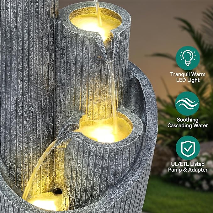 31" Modern Outdoor Water Fountain with LED Lights, 5-Tier Twist Pedestal Bowl Garden Fountain, Cascading Waterfall for Relaxing Garden, Patio, Backyard, Deck, Porch or Home Decor