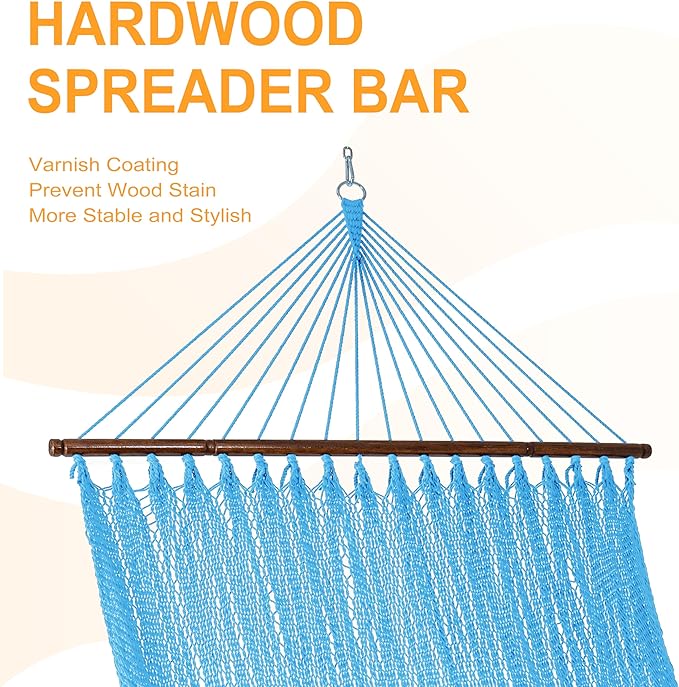 Lazy Daze Hammocks 10.5 FT Double 2 Person Caribbean Rope Hammock, Hand Woven Polyester Hammock with Spreader Bars, for Outside Outdoor Backyard Patio Poolside,450 LBS Capacity,SkyBlue