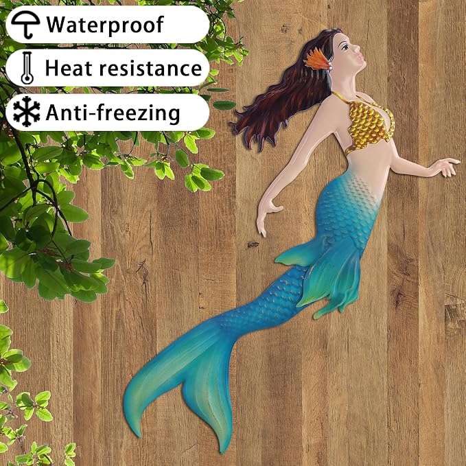 John's Studio Metal Mermaid Sea Wall Decor Outdoor Garden Hanging Art Sculptures Home Ocean Theme Decorations for Kitchen Bathroom and Pool - 14.9Inches
