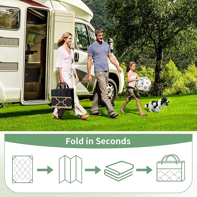 GENIMO Outdoor Rug 8' x 10' Patio Waterproof, Foldable Reversible Plastic Straw Area Rugs Mat for Camper Decor, Outside Carpet for Rv, Deck, Porch, Picnic, Beach, Balcony, Black & Brown