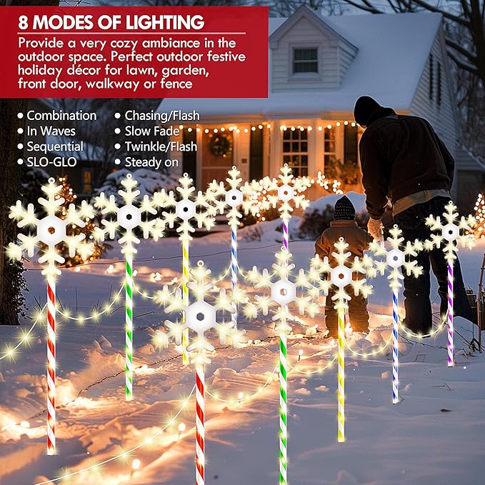 Christmas Pathway Lights Snowflake Outdoor 10PK 28inch 250LED 8 Modes Yard Decoration Flashing Waterproof Outdoor Lighted Up Christmas Light Decor for Garden Yard (Colorful)