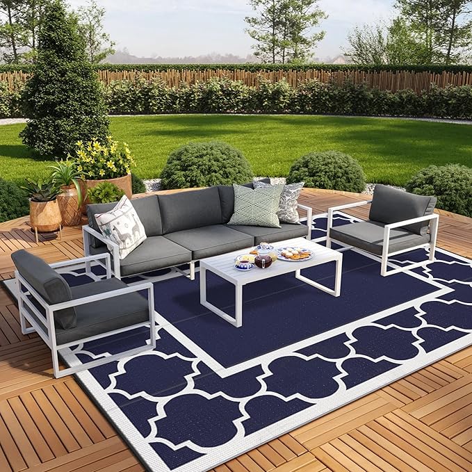 GENIMO 10' x 14' Outdoor Rug Waterproof for Patio, Foldable Reversible Plastic Straw Area Rugs Mat for Rv Decor, Outside Carpet for Camper, Deck, Picnic, Beach, Balcony, Porch, Blue & White