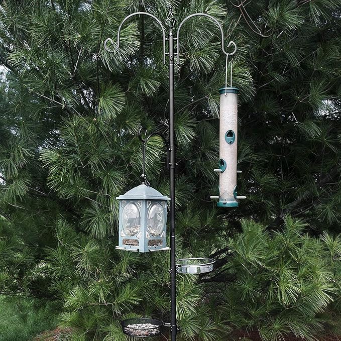 Ashman Deluxe Bird Feeding Station (2 Pack) for Outside - Multi Feeder Pole Stand Kit With 4 Hangers, Bath and 3 Prong Base for Attracting Wild Birds - 22 Inch Wide x 92 Inch Tall