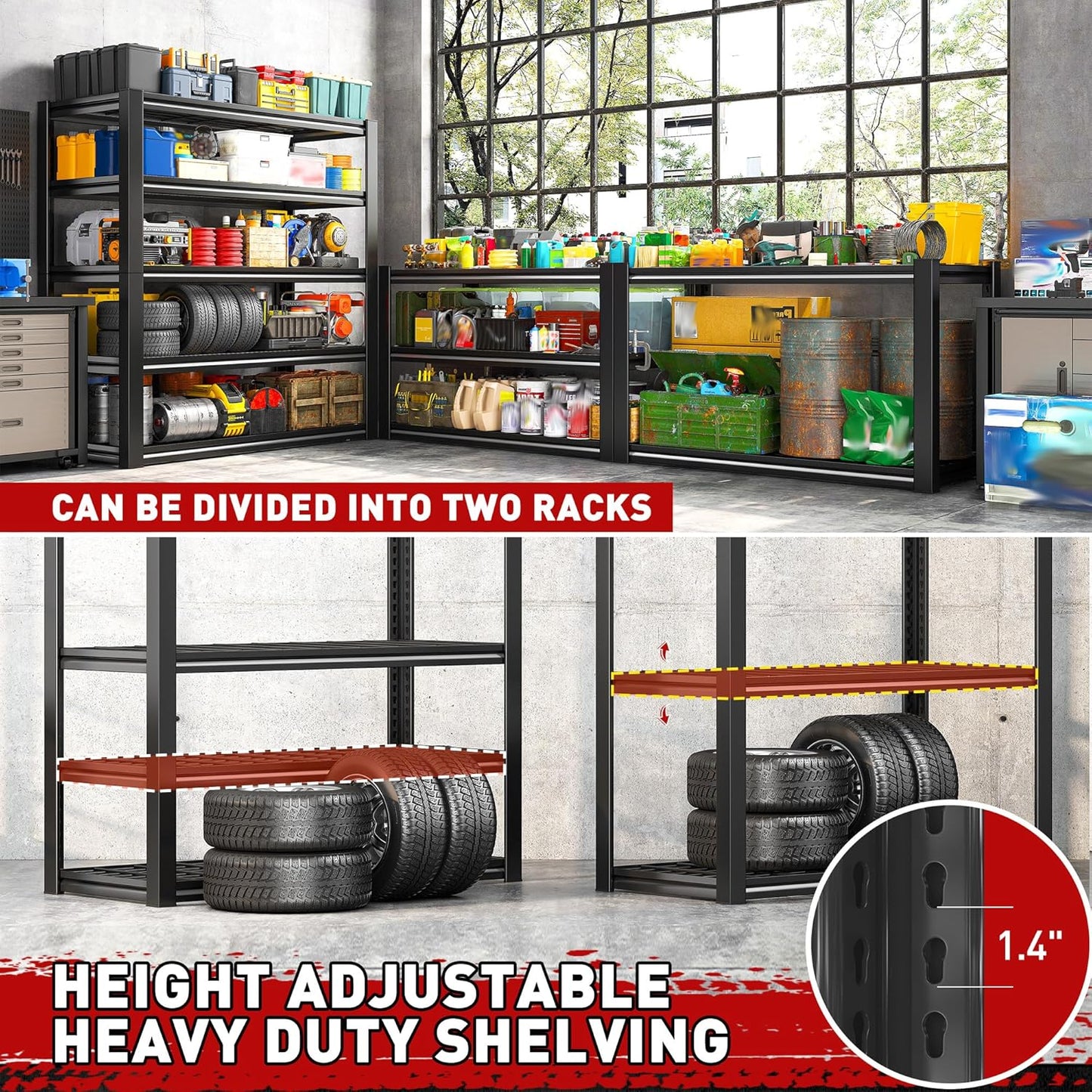 REIBII Garage Shelving 3000LBS, Heavy Duty Storage Shelves, Adjustable Industrial Metal Shelving Unit for Garage, Basement, Pantry, Warehouse,Commercial, 36" W x 16" D x 72" H, 2 Pack