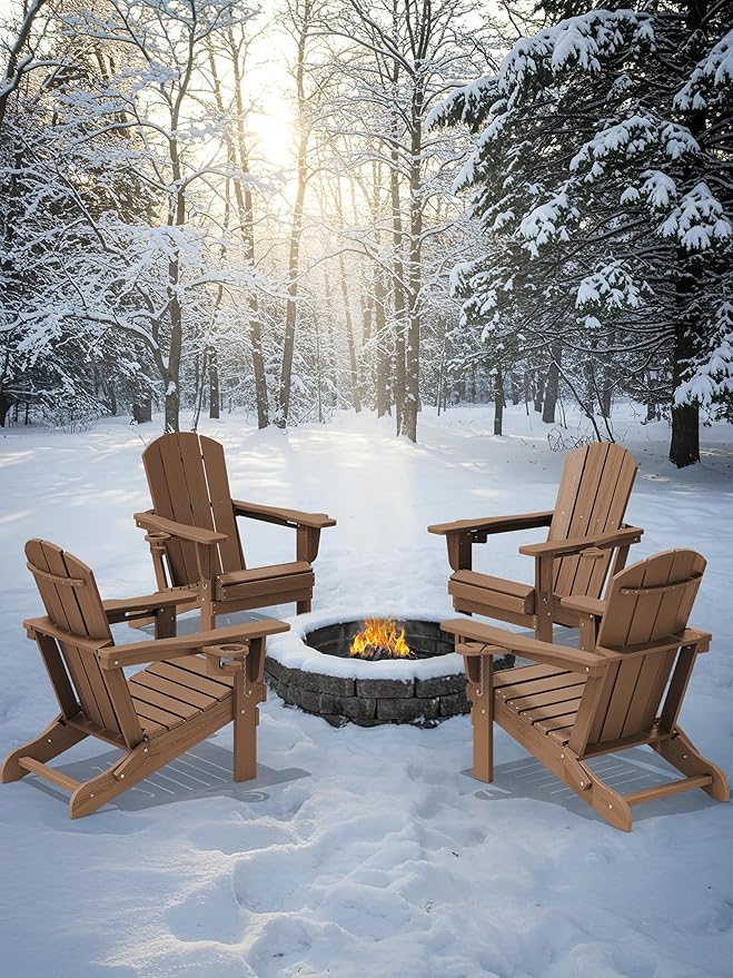 KINGYES Folding Adirondack Chair with Dual Cup Holders - HDPE All-Weather Outdoor Chairs, Brown